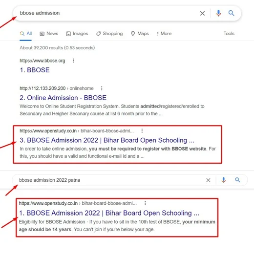 BBOSE Admission Website SEO Work Result for Open Study Centre