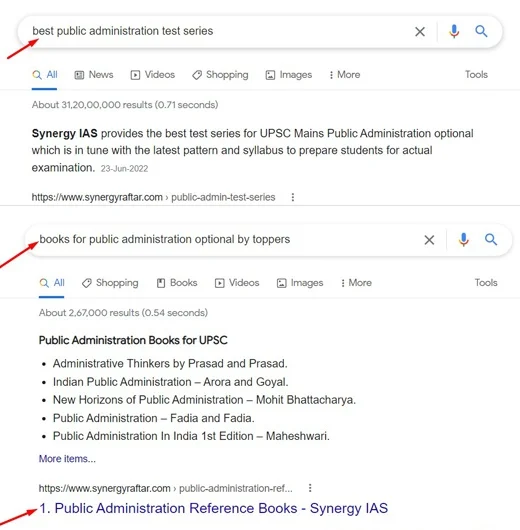 Best Public Administration Test Series SEO Work Result for Synergy IAS Website