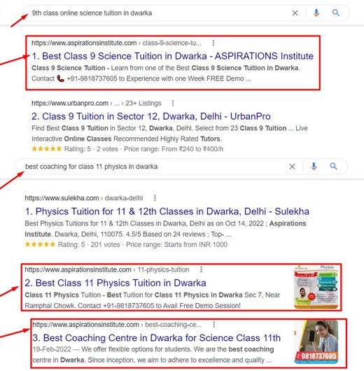 CBSE Coaching SEO Service Work Result for Aspiration Institute