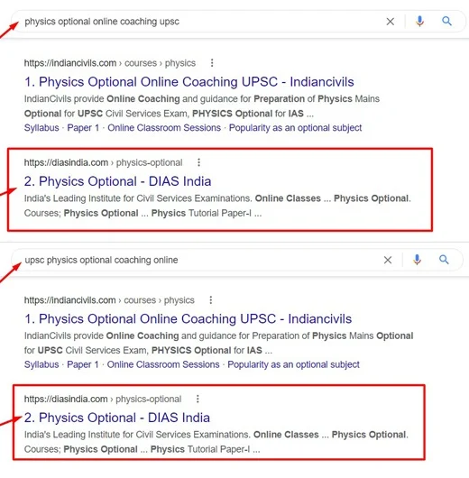 IAS Coaching SEO Ranking work Result for DIAS India