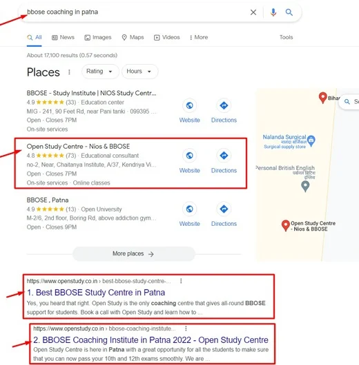 Local SEO Map Ranking Result for BBOSE Coaching in Patna for Open Study Centre