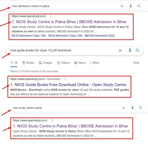 NIOS Admission Centre in Patna Website SEO Work Result for Open Study Centre