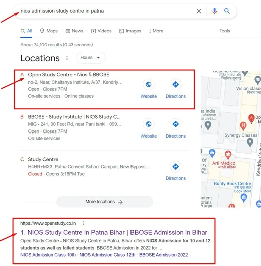 NIOS Admission Study Centre in Patna Local SEO Map Ranking Result for Open Study Centre