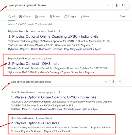 Physics Optional Coaching SEO work Ranking Result for DIAS India