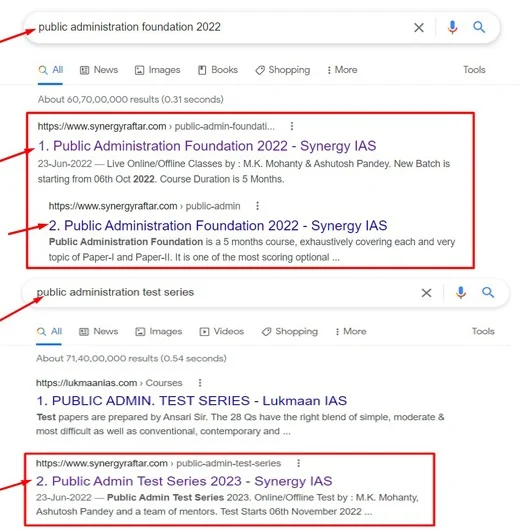 SEO Ranking Work Result for Public Administration Foundation 2022 for Synergy IAS Website