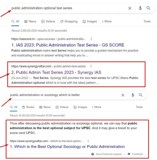 SEO Ranking Work Result for Public Administration Optional Test Series for Synergy IAS
