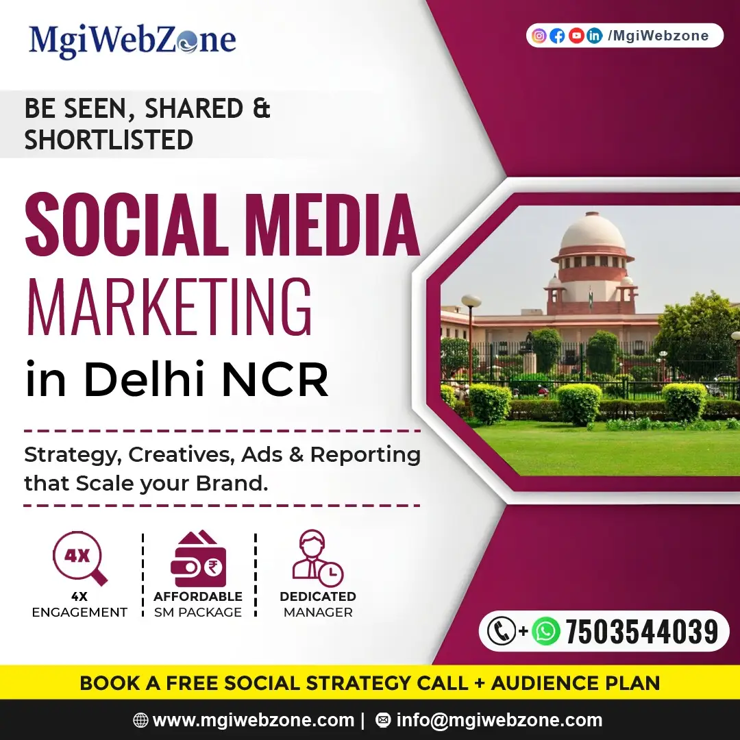 Social media marketing services by MgiWebzone in Delhi NCR, including content creation, paid ads, and monthly reports to grow brand engagement and followers.