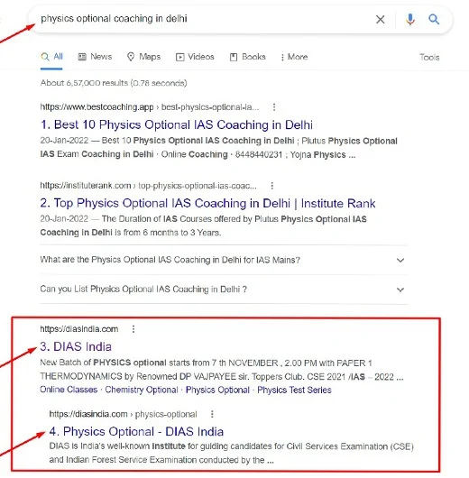 UPSC Coaching SEO Ranking Work Result for DIAS India