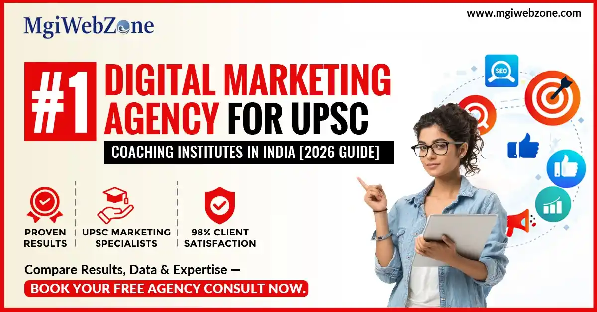 Promotional banner of digital marketing agency for UPSC coaching institutes offering SEO, Google Ads, and lead generation services with consultation CTA.