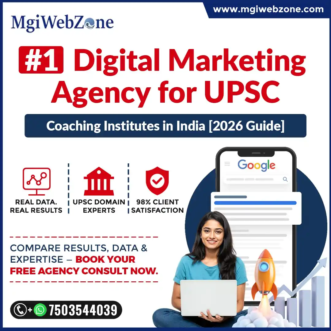 Creative banner showing digital marketing services for UPSC coaching institutes with focus on SEO, branding, and student lead generation.