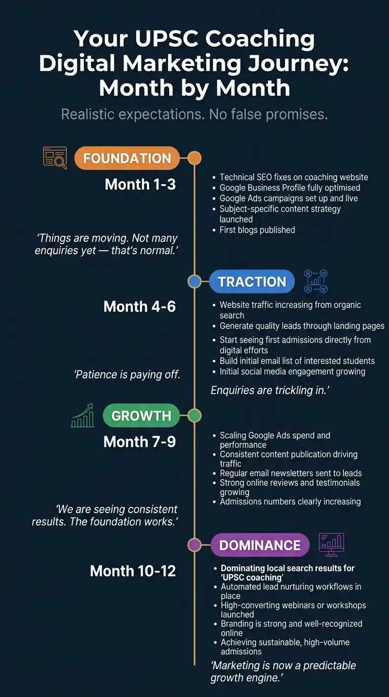Timeline infographic showing UPSC coaching digital marketing journey from foundation to growth and dominance over 12 months.