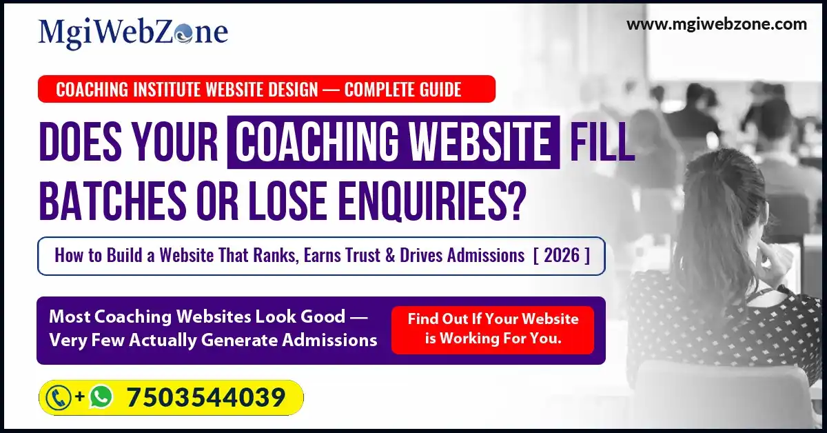 Banner showing coaching website design guide focused on SEO, trust building, and converting website visitors into student enquiries.