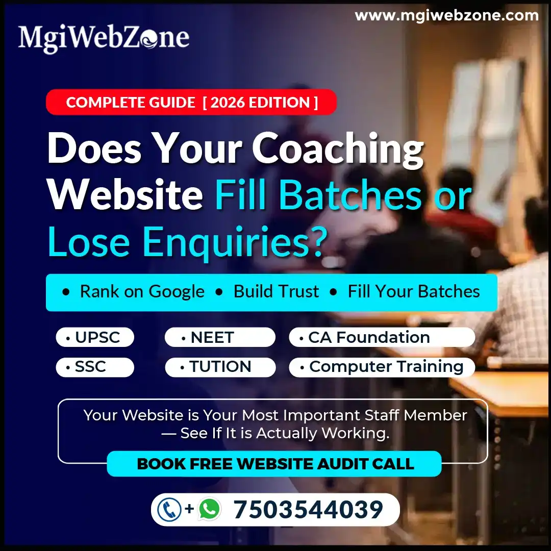 Banner showing coaching website lead generation problem with SEO, trust building, and enquiry conversion strategy for coaching institutes.