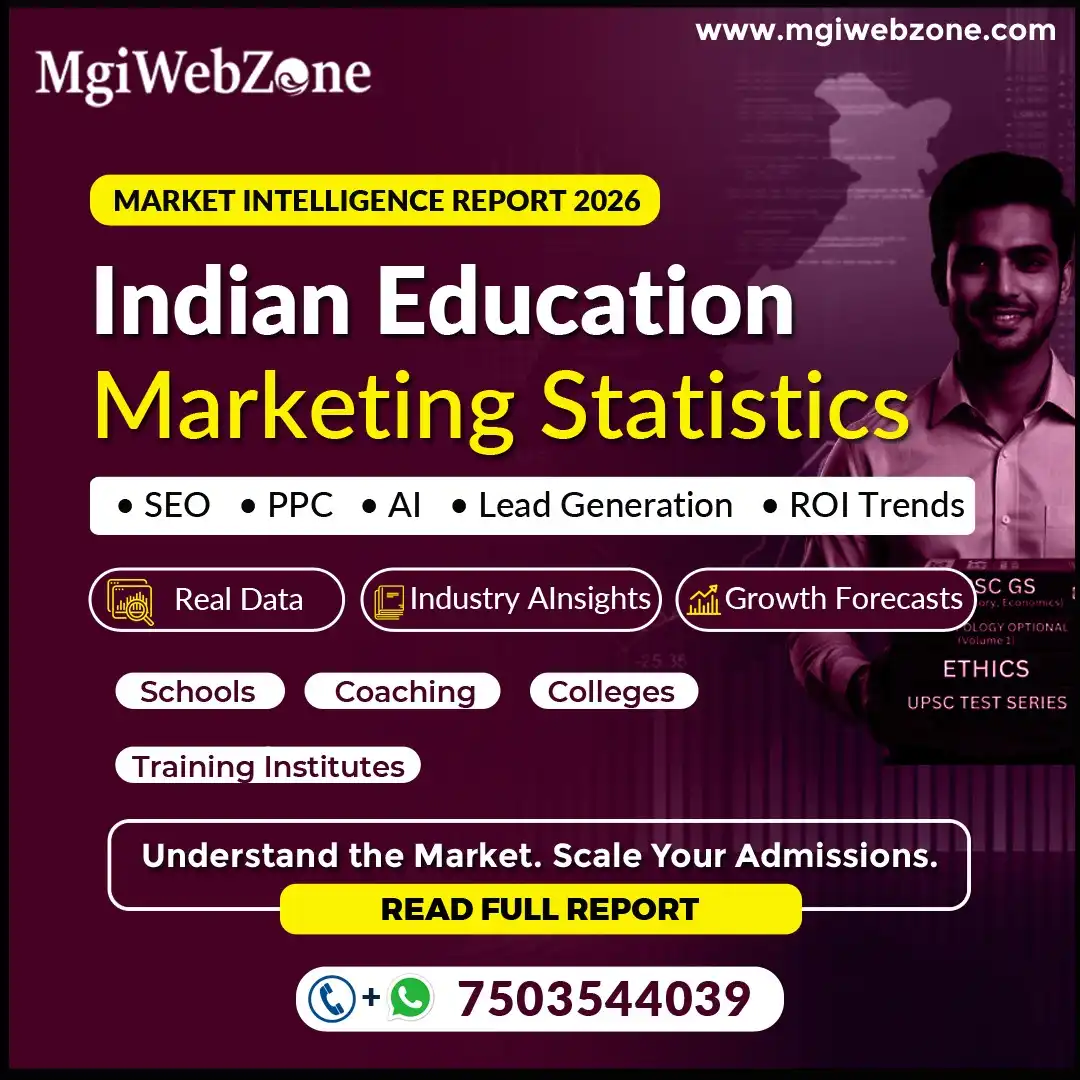 Banner showing Indian education marketing statistics with SEO, PPC, AI, lead generation, ROI trends, and admission growth insights for institutes.