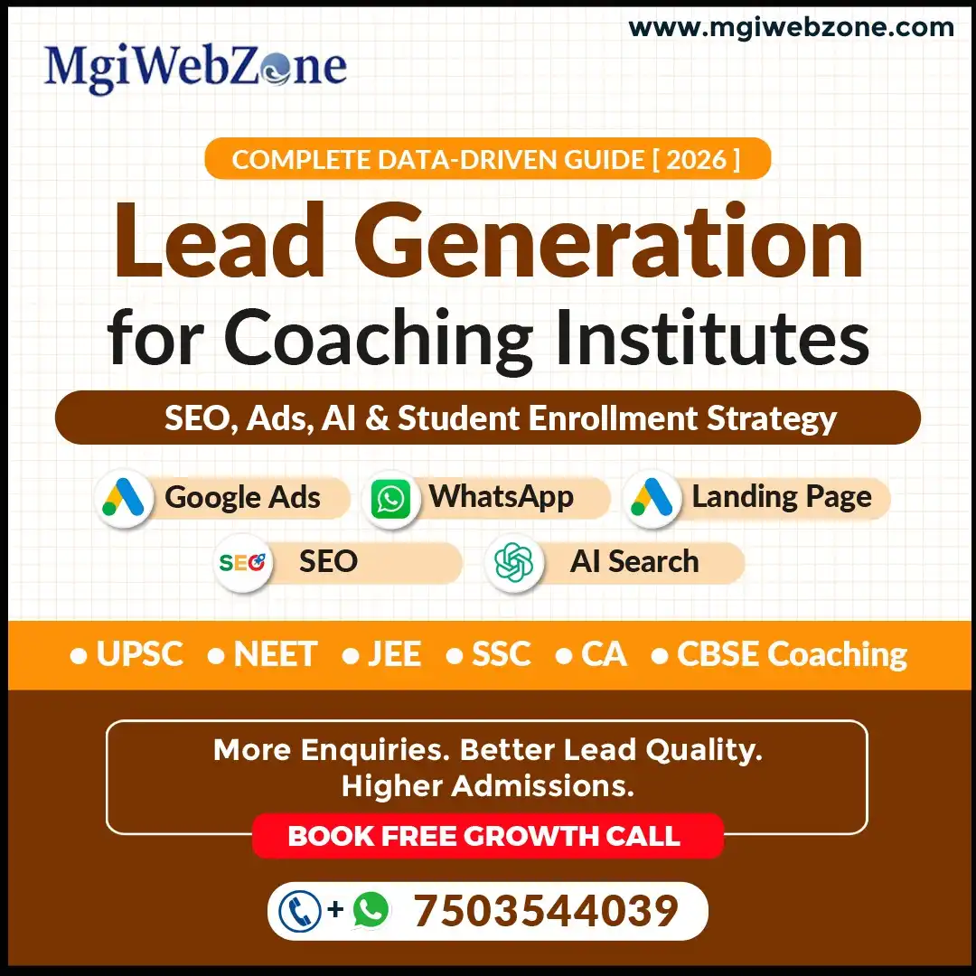 Banner showing lead generation for coaching institutes using SEO, Google Ads, WhatsApp, landing pages, and AI search for student admissions.