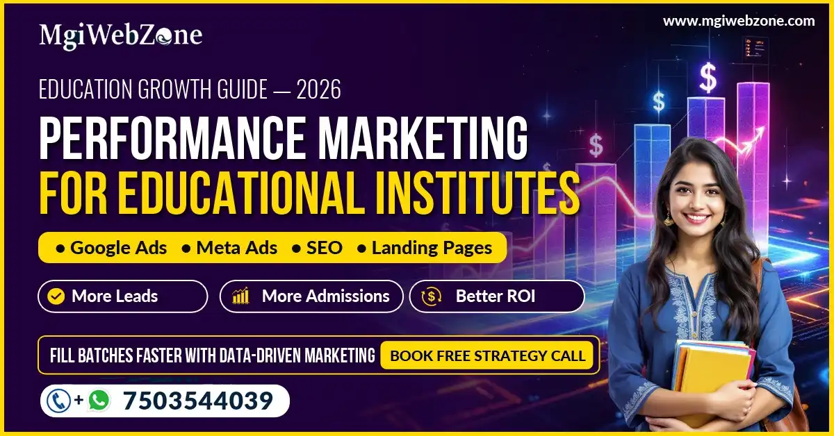 Banner showing performance marketing for educational institutes using Google Ads, Meta Ads, SEO, and landing pages for admissions growth.